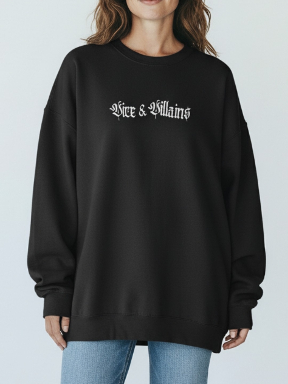 Gildan Black Crewneck Sweater with 'Vice & Villains' Script New WOT